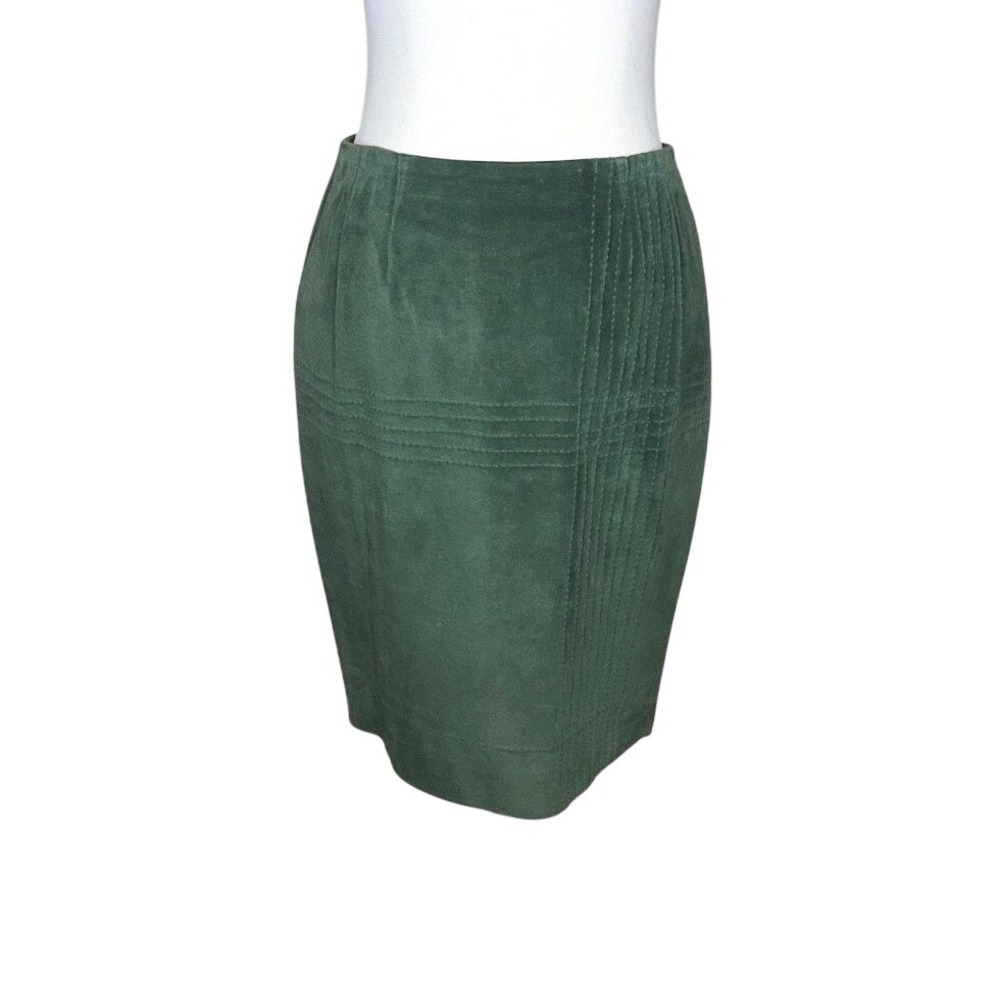 Vintage Forest Green Suede Pencil Skirt Stitched Detail High Waist Knee Length 8